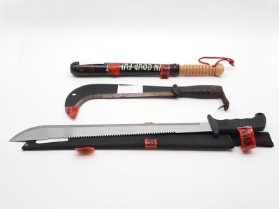 three different types of knives are shown on a white surface