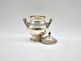 an antique silver plated urn with a lid on a white surface