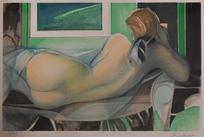 painting of a nude woman laying on a chair in front of a window
