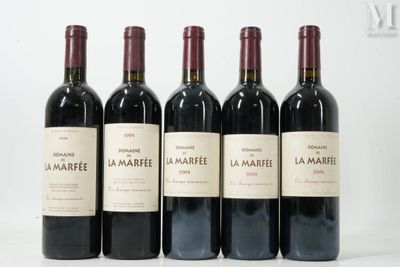six bouteilles de vin rouge alignées sur une surface blanche