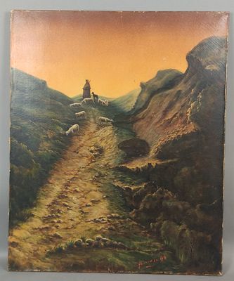 painting of a man riding a horse down a dirt road