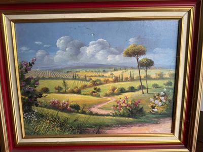a picture of a painting of a country landscape