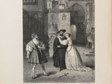 an old black and white drawing of a man and a woman standing in front of a building