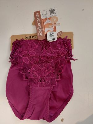 purple panties with lace on the bottom of them on a white surface