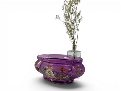un vase violet contenant une plante, posé sur une surface blanche