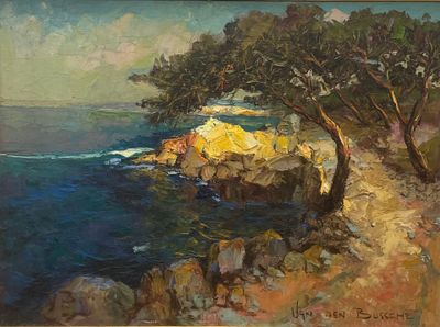 une peinture à l'huile représentant une côte rocheuse avec des arbres et un plan d'eau