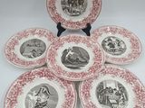 six red and white plates with pictures of people on them