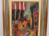 une peinture représentant une peinture d'une pièce avec une table et des chaises