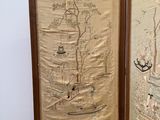 paire de peintures anciennes sur paravent chinois représentant des bateaux et des personnages sur l'eau