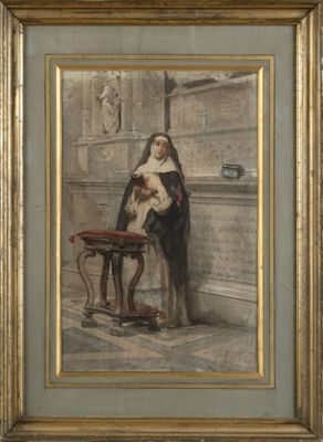 un vieux tableau représentant une femme avec un chien posé sur une table
