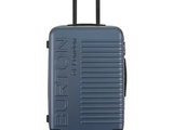 the suitcase is blue and has a logo on the side