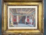 an image of a painting of a room with a statue in it