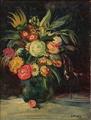tableau représentant un vase de fleurs posé sur une table dans une pièce sombre
