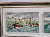 painting of a boat and a lighthouse in the ocean with seagulls