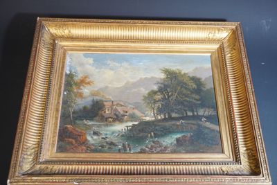 an old painting of a river scene with a house in the background