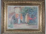 un tableau représentant une femme debout devant une maison