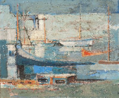 painting of a painting of a boat in a harbor with other boats in the background