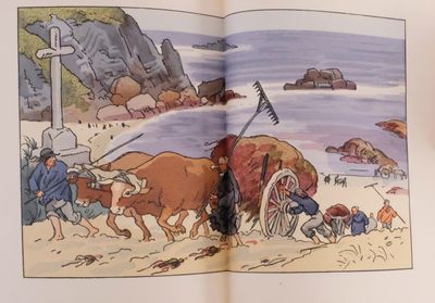 a picture of a book with a picture of people and animals in it