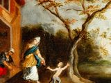 an image of a painting of a woman and a child outside a house