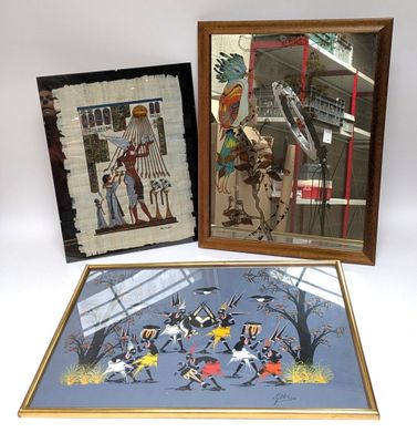 three framed pictures of native american art on a white background