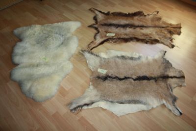 several pieces of fur are laid out on a wooden floor