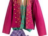 pink jacket with green and purple trim and matching tie and pants