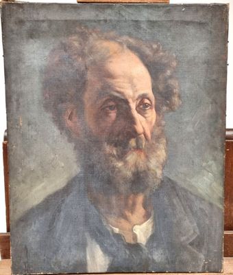 an old painting of a man with a beard on a wooden easel
