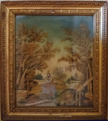 tableau représentant une femme assise sur un banc dans un cadre boisé