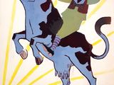 painting of a man riding a cow with a cell phone in his hand