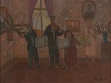 tableau représentant deux hommes jouant d'un instrument dans une pièce dotée d'une fenêtre