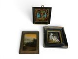 three framed paintings of a woman and a man in a landscape