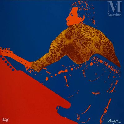 tableau représentant un homme jouant de la guitare électrique sur un fond rouge et bleu
