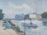 a painting of a boat in the water near a dock
