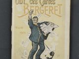 un vieux livre sur lequel figure le dessin d'un homme tenant un chien dans ses bras