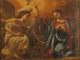 tableau représentant un ange et une femme assise sur un canapé avec une colombe