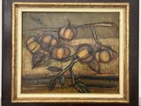 painting of a bunch of fruit on a branch in a brown frame