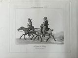 a drawing of two men riding horses on the beach