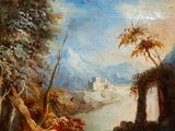painting of a man and a woman in a landscape with a castle in the background
