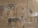 a painting of horses and a man in a stable