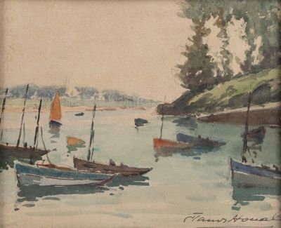 a painting of boats on the water with trees in the background