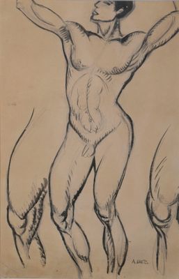 an image of a drawing of a man standing in front of a horse