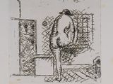 a black and white drawing of a man standing in front of a window