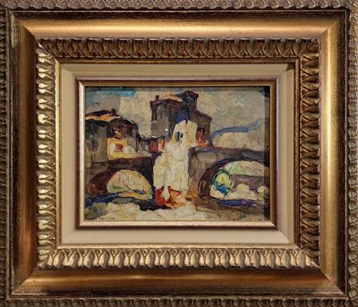 une peinture à l'huile représentant une femme en robe blanche debout devant un immeuble