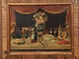 a picture of a painting of a table with food and wine on it