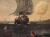 an old painting of a ship in the ocean with people on it