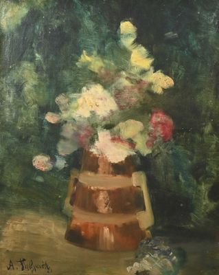 an oil painting of a vase of flowers on a table