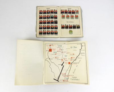 deux pages d'un livre comportant une carte et une illustration représentant des soldats en uniforme