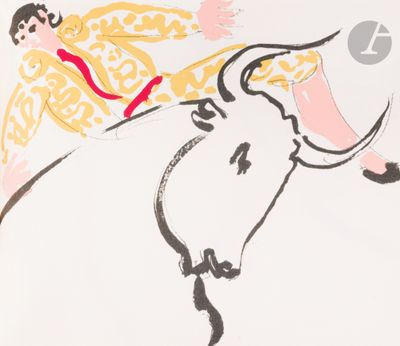 an image of a drawing of a bull with a man riding on it