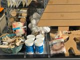 a display case with various items on it in a store