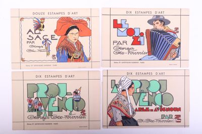 quatre cartes postales avec différentes illustrations d'une femme jouant de l'accordéon